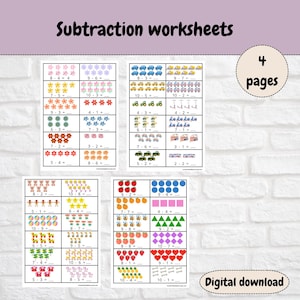 May include: Four printable worksheets for children to practise subtraction. Each worksheet features a different theme with colourful illustrations of flowers, cars, bears, apples, bees, and more. The worksheets include subtraction problems with numbers 1-10.