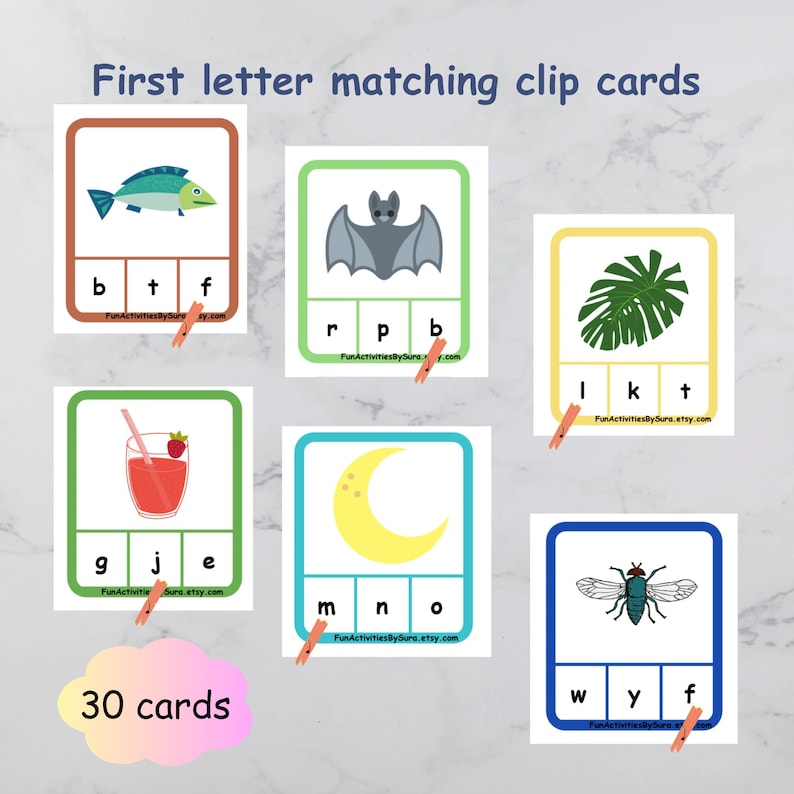 Attività con clip card per corrispondenza della prima lettera, Corrispondenza di lettere, Attività di abbinamento, Suono iniziale, Attività con lettere, Schede con clip, EYFS immagine 1