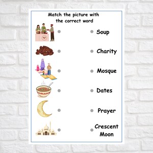 May include: Educational worksheet with illustrations and vocabulary words. The text reads "Match the picture with the correct word." Images include soup, dates, a mosque, and a crescent moon. The words are "Soup", "Charity", "Mosque", "Dates", "Prayer", and "Crescent Moon".