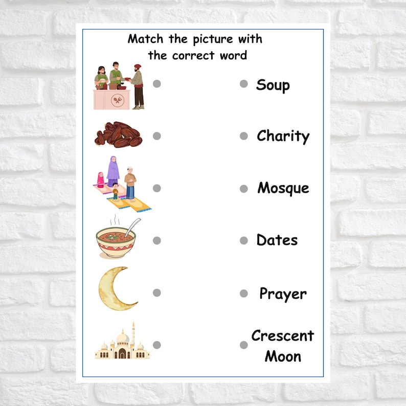 May include: Educational worksheet with illustrations and vocabulary words. The text reads "Match the picture with the correct word." Images include soup, dates, a mosque, and a crescent moon. The words are "Soup", "Charity", "Mosque", "Dates", "Prayer", and "Crescent Moon".