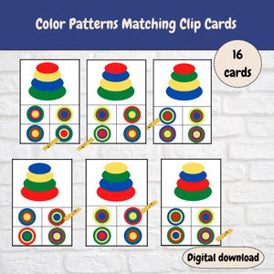 May include: Color Patterns Matching Clip Cards featuring 16 cards as a digital download. Each card displays a stack of colored rings in red, yellow, blue, and green, with four circular pattern options below, some marked with wooden clothespins.