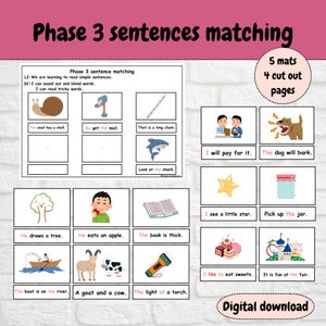 Tapis de lecture de phrases phonétiques imprimables, lecture de phrases, apprendre à lire, Montessori, EYFS, lecture de phrases simples, phase 3.