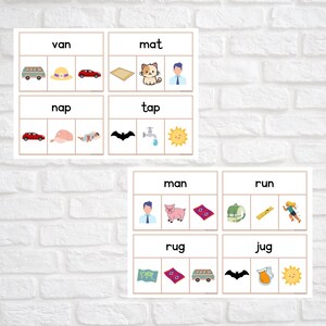 May include: A set of printable educational flashcards for young learners. Each card features a word and three images, one of which matches the word. The words include "van", "mat", "nap", "tap", "man", "run", "rug", and "jug".