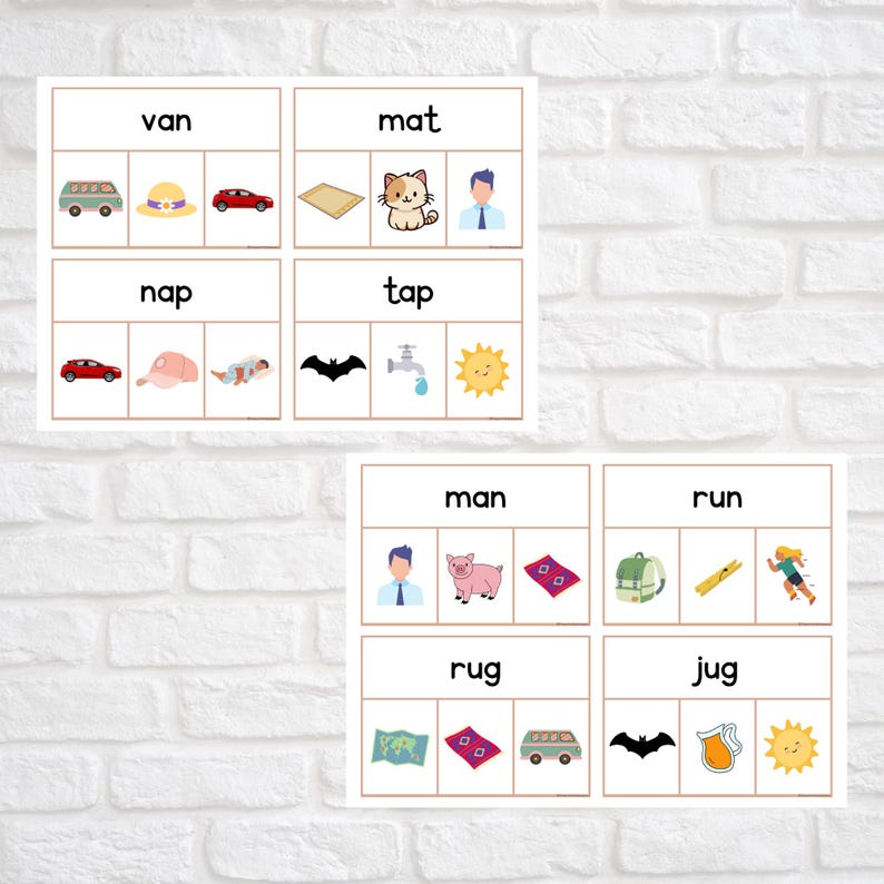 May include: A set of printable educational flashcards for young learners. Each card features a word and three images, one of which matches the word. The words include "van", "mat", "nap", "tap", "man", "run", "rug", and "jug".