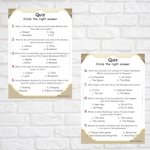 May include: Two white pages with a quiz about Ramadan. The title "Quiz" is at the top, followed by instructions to circle the right answer. Questions cover fasting, meals, and traditions, with multiple-choice answers.