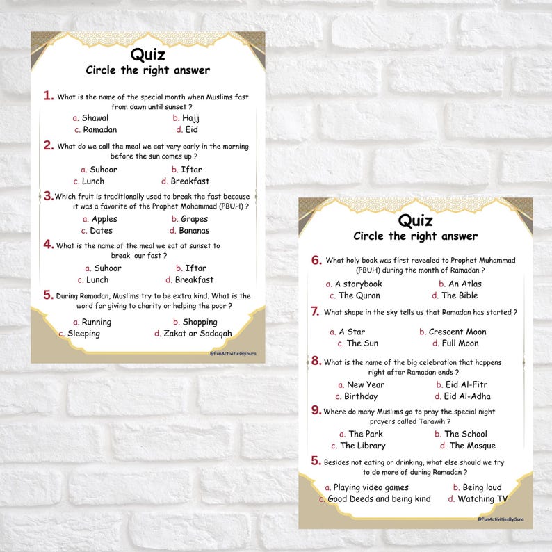 May include: Two white pages with a quiz about Ramadan. The title "Quiz" is at the top, followed by instructions to circle the right answer. Questions cover fasting, meals, and traditions, with multiple-choice answers.