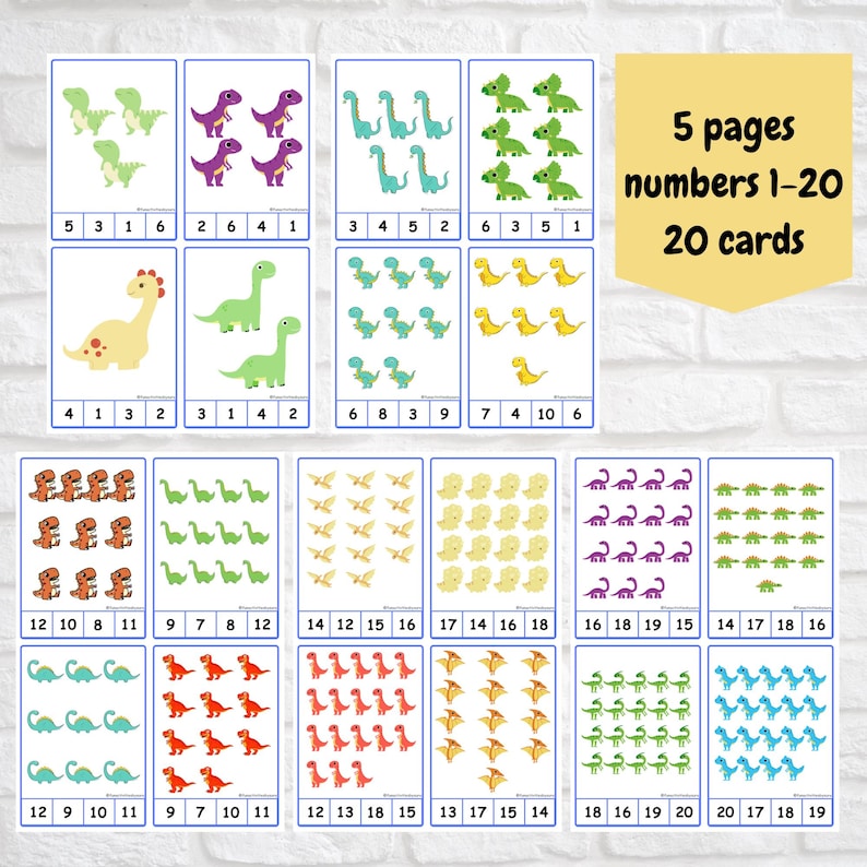 Dinosaur Count and Clip Cards 1-20: Preschool Montessori Math (digital ...