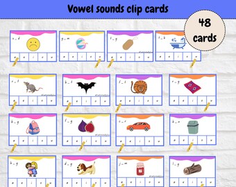 May include: A set of 48 CVC words clip cards for vowel sounds, featuring educational illustrations like a sad face, bat, car, and dog. Each card includes a word with a missing vowel and a row of letters a, e, i, o, u. Text reads CVC Words Clip Cards.