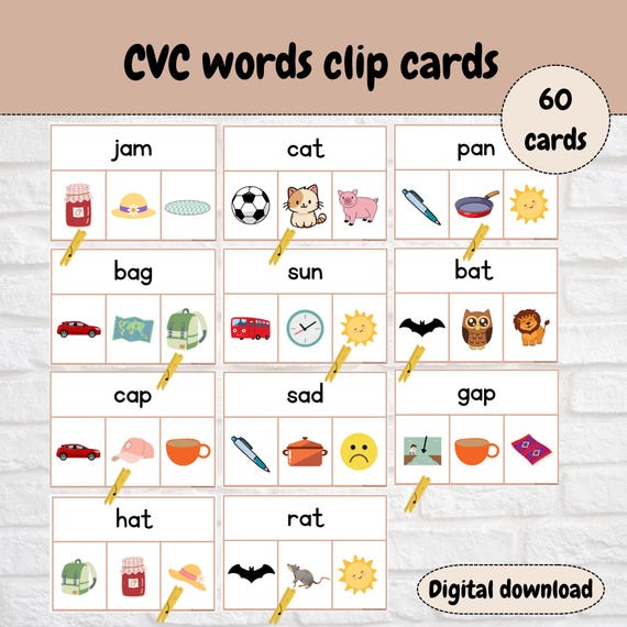 CVC Words Clip Cards: Kindergarten Phonics Game (Digital Download), CVC Words, Learning Activities, Teaching Resources, Printable Games,