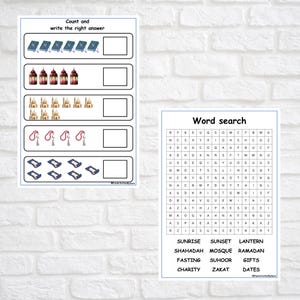 May include: Two educational worksheets on a white background. One worksheet has counting exercises with illustrations of books, lanterns, mosques, prayer beads, and prayer mats. The other is a word search puzzle with related terms.