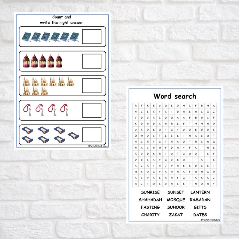 May include: Two educational worksheets on a white background. One worksheet has counting exercises with illustrations of books, lanterns, mosques, prayer beads, and prayer mats. The other is a word search puzzle with related terms.