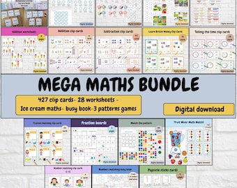 May include: A Mega Maths Bundle digital download featuring 427 clip cards and 28 worksheets. The collection includes math activities for multiplication, division, subtraction, addition, fractions, telling time, British money, and pattern matching games.