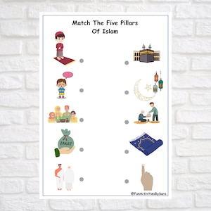 May include: Educational worksheet titled "Match The Five Pillars Of Islam." The worksheet features colorful illustrations depicting various aspects of Islamic practices, including prayer, charity, and pilgrimage. The images are designed to help children learn about the core tenets of Islam.