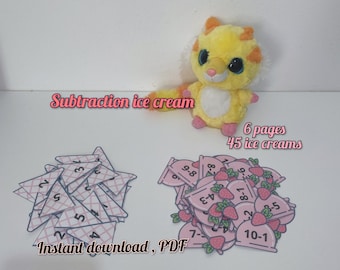 May include: A yellow plush tiger toy with orange stripes and a pink nose is next to printed subtraction flashcards. The cards are pink with white numbers and strawberry illustrations. Text on the image says "Subtraction ice cream" and "Instant download, PDF".