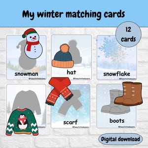 Tarjetas de emparejamiento de invierno, Tarjetas de emparejamiento de sombras, Tarjetas didácticas, Actividad de tarjetas para preescolar, Tarjetas imprimibles Montessori, Actividad preescolar de invierno,