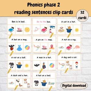 Phonics Reading Sentences Cartes imprimables, lecture de phrases, téléchargement immédiat, apprendre à lire, Montessori, EYFS, lire des phrases simples.