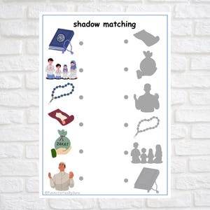 May include: A white educational worksheet with the text "shadow matching". The worksheet features colorful illustrations of Islamic symbols and people, paired with corresponding shadow outlines for a matching activity. The bottom of the worksheet has the text "@FunActivitiesBySura".