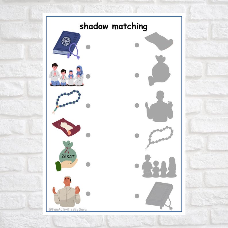 May include: A white educational worksheet with the text "shadow matching". The worksheet features colorful illustrations of Islamic symbols and people, paired with corresponding shadow outlines for a matching activity. The bottom of the worksheet has the text "@FunActivitiesBySura".