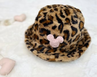 Disney, Mickey Mouse Fuzzy Patch,leopard Pattern Fluffy Bucket Hat