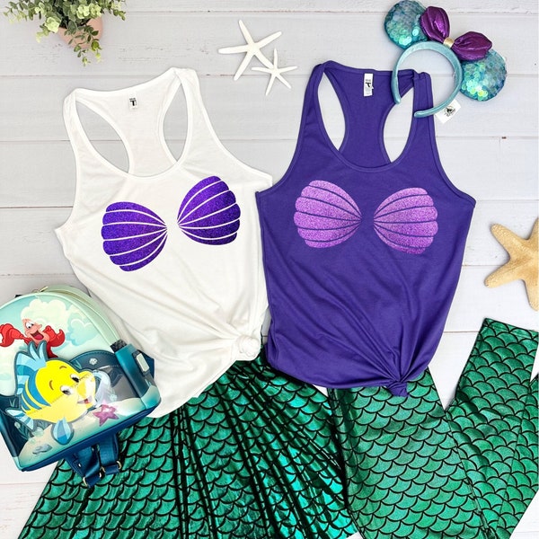 Disney, little mermaid, Ariel Shell bra inspired, sparkly minimalist tank top, Run Disney tank top, Disney princess tank top