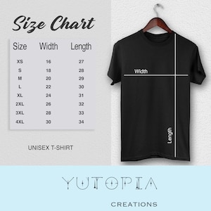 Puede incluir: Tabla de tallas para una camiseta unisex. La tabla muestra las medidas de ancho y largo en pulgadas para las tallas XS a 4XL.