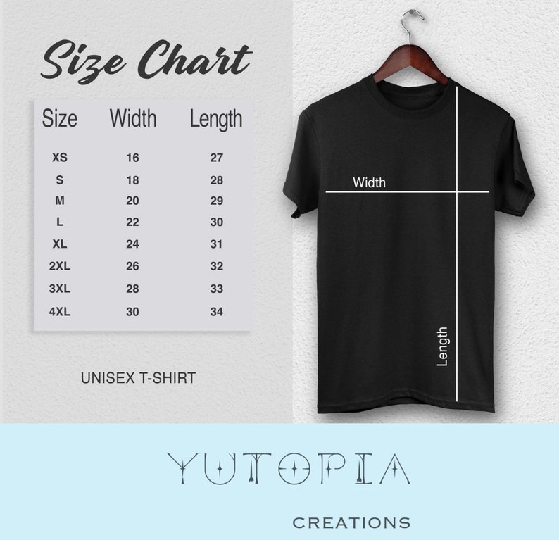 Puede incluir: Tabla de tallas para una camiseta unisex. La tabla muestra las medidas de ancho y largo en pulgadas para las tallas XS a 4XL.