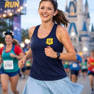 K&ouml;nnte beinhalten: Eine L&auml;uferin bei einem Disney Run-Event, tr&auml;gt ein marineblaues Tanktop mit Polizeimarke, einen hellblauen Rock und Hasenohren. Im Hintergrund sind ein Disney-Schloss und die Beschilderung der Veranstaltung zu sehen.