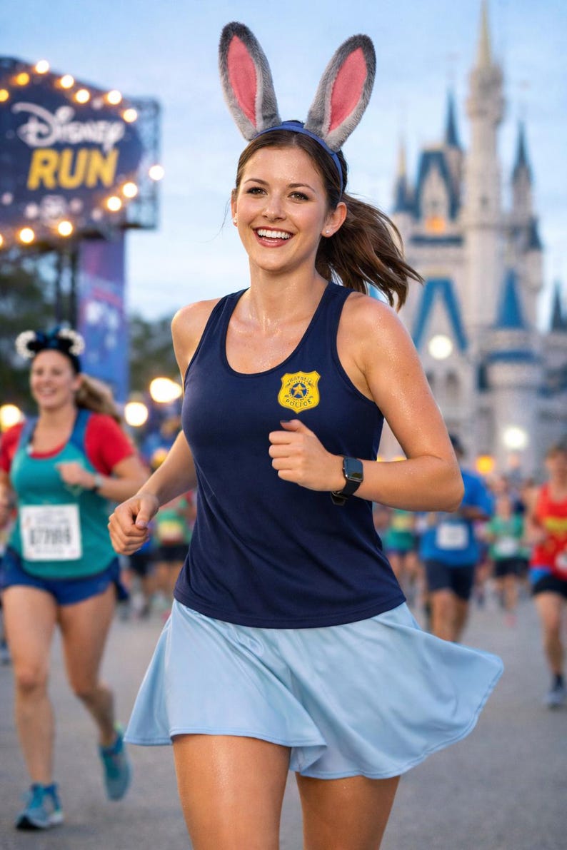 K&ouml;nnte beinhalten: Eine L&auml;uferin bei einem Disney Run-Event, tr&auml;gt ein marineblaues Tanktop mit Polizeimarke, einen hellblauen Rock und Hasenohren. Im Hintergrund sind ein Disney-Schloss und die Beschilderung der Veranstaltung zu sehen.