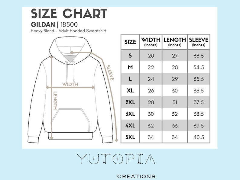 Pu&ograve; includere: Tabella delle taglie per una felpa con cappuccio Gildan 18500 heavy blend per adulti. La tabella mostra le misure in pollici per larghezza, lunghezza e lunghezza manica, dalla taglia S alla 5XL. Il logo Yutopia Creations &egrave; in basso.