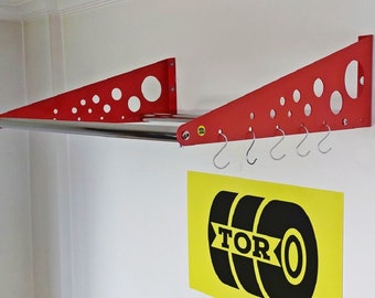 Garage arrangement,  wheel stacking,  garage organizer rack, metal rack system, colored metal garage shelves, chrome wall shelf, adjustable