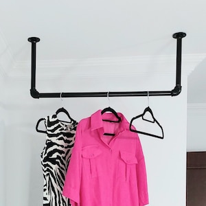 Ceiling mounted clothes hanger, laundry clothes rack, clothes drying bar, display shelf, steampunk decor, pipe rack, hanging shelf
