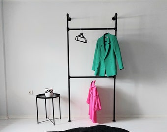 Double rail wall-mounted clothes rack, pipe clothing rail, wall coat rack, industrial shelving, sturdy clothes hanger, pipe clothing rack