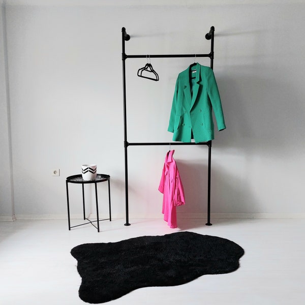 Double rail wall-mounted clothes rack, pipe clothing rail, wall coat rack, industrial shelving, sturdy clothes hanger, pipe clothing rack