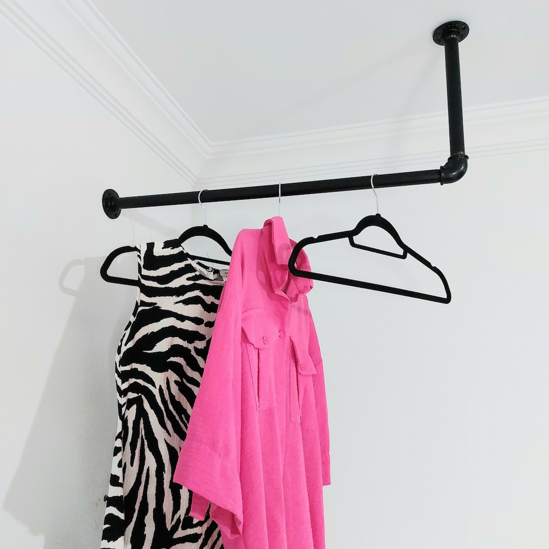 L Type Ceiling Hanging Clothes Bar, Laundry Wall Shelf, Industrial Pipe