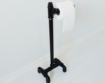 Support de papier toilette autoportant, support de rouleau de papier toilette à tuyau noir, toilettes de style industriel avec étagère, support de papier toilette, support de papier toilette