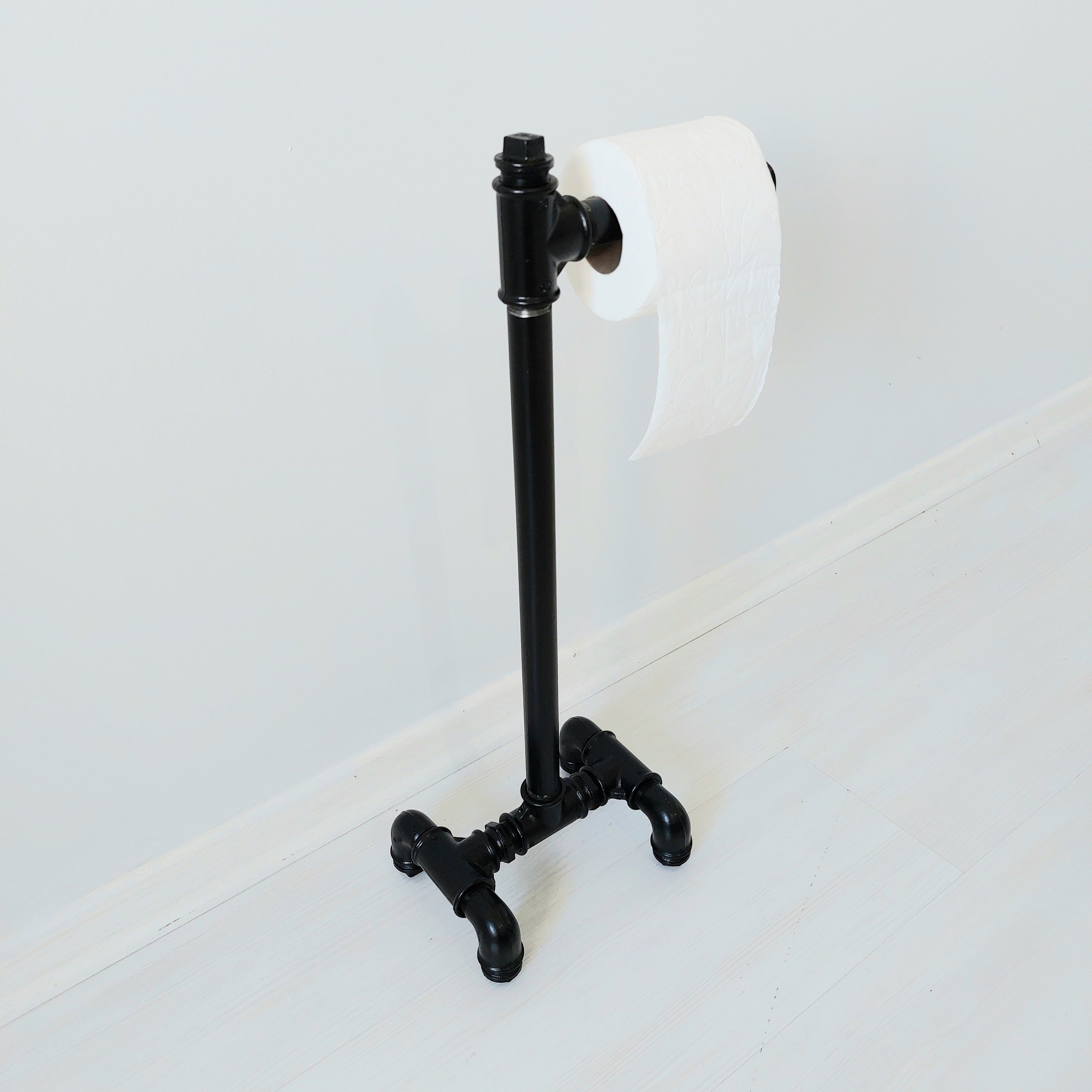 Gray Wood and Industrial Metal Pipe Freestanding Toilet Paper Roll