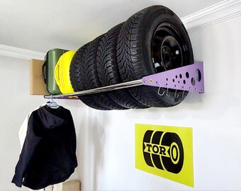 Garage storage, tire storage, red shelf, colorful shelf, wall mount garage rack, garage racking system, blue shelf,  garage heavy duty rack