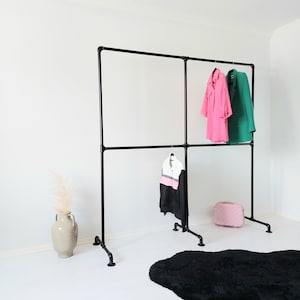 Clothing Storage, four compartment clothes hanger,  freestanding clothing racks, retail display, Portable clothes rack, industrial wardrobe