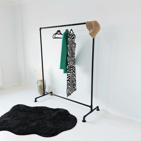 Boutique display rail, Freestanding pipe clothes rack, Wheeled retail display rack, industrial pipe clothing rack, clothing display,