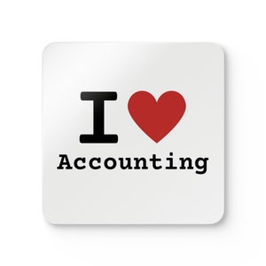 May include: White square sticker with black text that reads "I love Accounting" and a red heart.