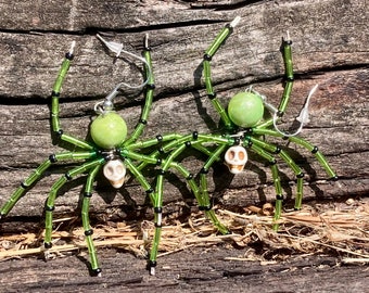 Green Beaded Spider Earrings: Halloween Goth Jewelry