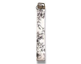 Floral Key Fob Wristlet: Black & White Fabric Keychain, 7 inch