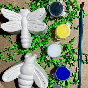 May include: A craft kit featuring two unpainted insect figurines, a dragonfly and a bee, with small paint pots in various colors and a blue paintbrush. The figurines are white and sit on green shredded paper.