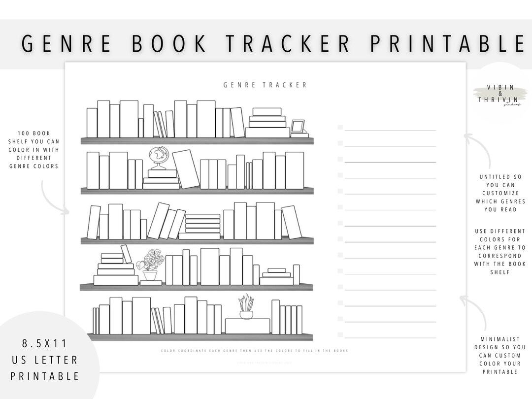 Genre Bookshelf Tracker Printable, Book Shelf Reading Log, Reading