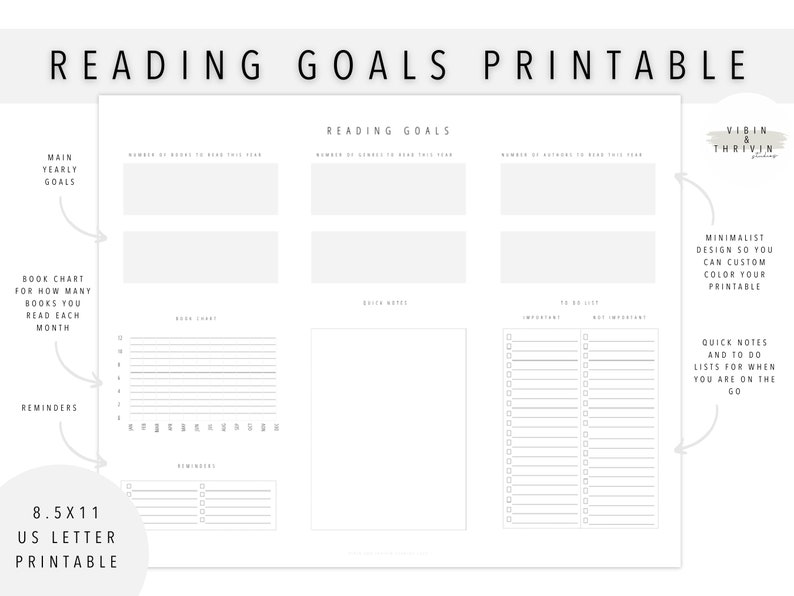 Book Reading Goals Tracker Printable, Reading Journal, Reading Planner