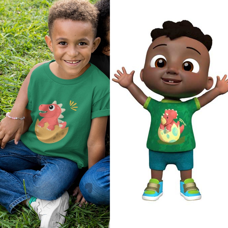 Dinosaur Cody Short Sleeve Youth T-Shirt Coco-melon Inspired Shirts Girl Boy Graphic Tee Melon Family Cartoon image 2