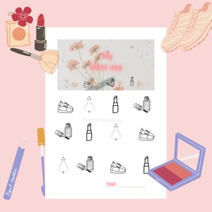 Puede incluir: Una página de planificador imprimible con el texto "My Mini Me" en la parte superior. La página está dividida en una cuadrícula con varias ilustraciones en blanco y negro de artículos como zapatos, vestidos, lápiz labial y esmalte de uñas. El texto "PlannerbyAitana" está en la parte inferior de la página.