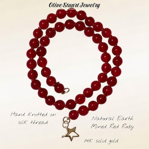 Natural Red Ruby Necklace 8mm Round Gemstone Beads Hand Knotted on Silk 16 Inch Necklace 14K Gold Star Clasp Olive STUART