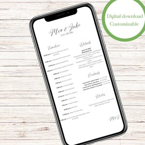 Może przedstawiać: Biało-czarny ekran telefonu komórkowego wyświetlający harmonogram i szczegóły ślubu Mii i Juke'a. Harmonogram zawiera takie informacje, jak czas i miejsce kolacji próbnej, ceremonii, przyjęcia i after party. Sekcja szczegółów zawiera datę, miejsce i dane kontaktowe do osób biorących udział w ślubie.