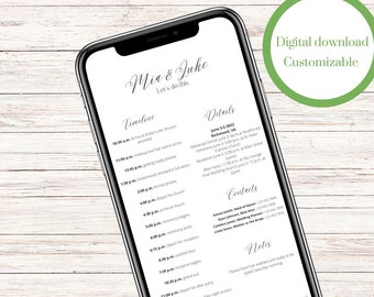 Wedding Timeline customizable digital download for wedding party - schedule, details, contacts, notes